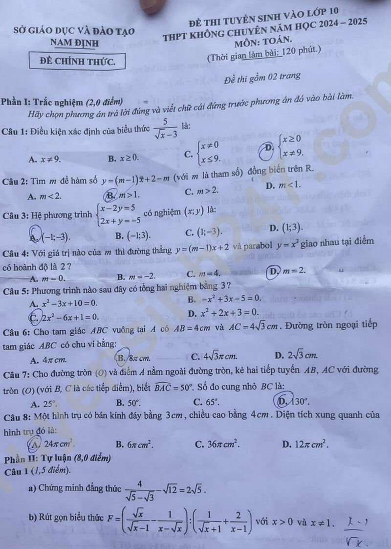 Đề thi vào 10 Toán Nam Định năm 2024 (chính thức)