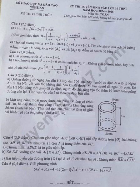 Đề thi vào 10 Toán Nghệ An năm 2024 (chính thức)