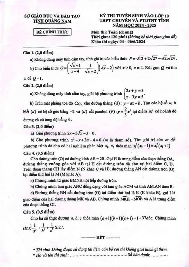 Đề thi vào 10 Toán Quảng Nam năm 2024