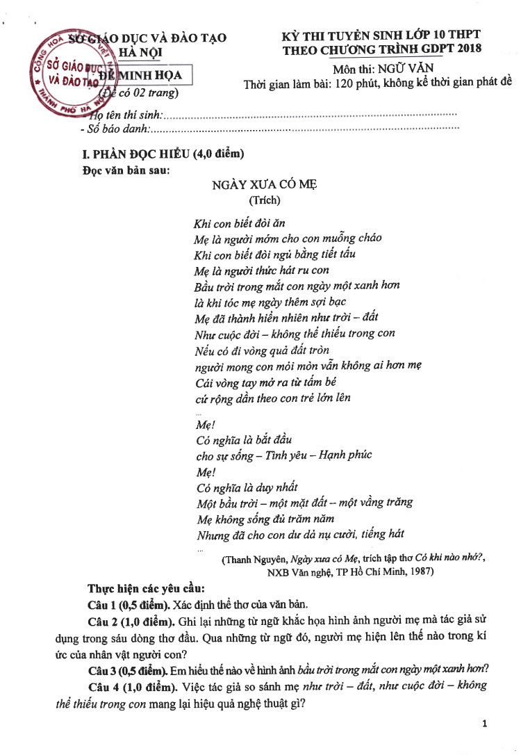 Đề minh họa Ngữ Văn vào lớp 10 Hà Nội 2025