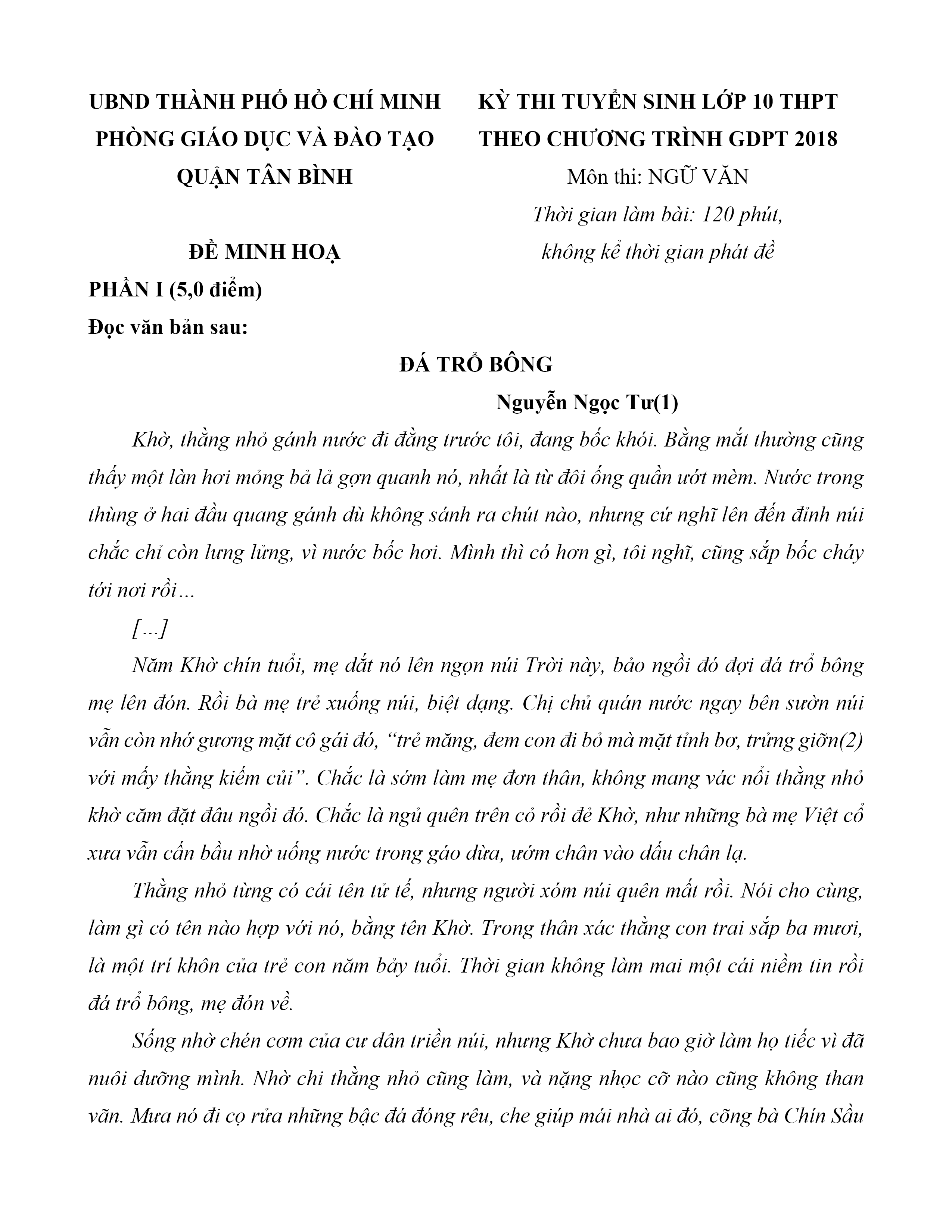 Đề minh họa Văn vào lớp 10 năm 2025 Phòng GD&ĐT Tân Bình (truyện)