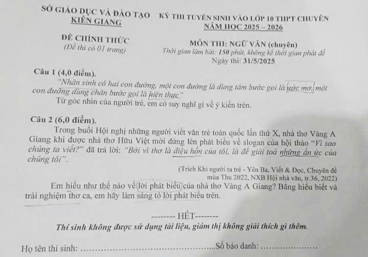đề thi tuyển sinh Văn vào lớp 10 năm 2025 Chuyên Kiên Giang (Đề 2)
