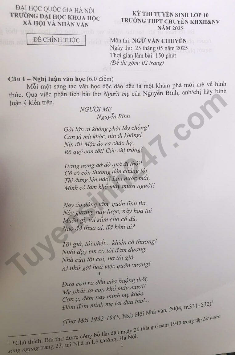 đề thi tuyển sinh Văn vào lớp 10 Chuyên trường THPT Chuyên Khoa học xã hội và nhân văn năm 2025
