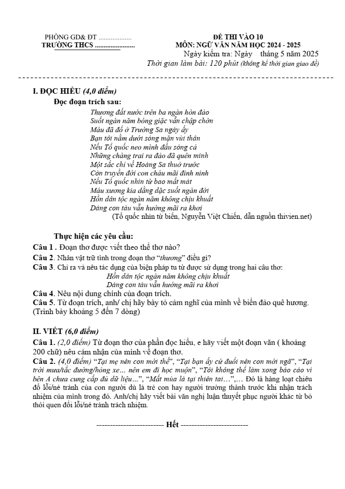 Đề thi Văn vào lớp 10 năm 2025 cấu trúc mới (Đề 1)