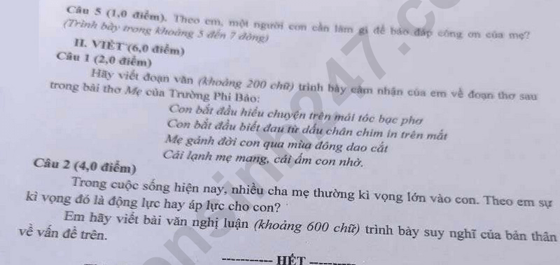 Đề chính thức thi Văn vào lớp 10 Hà Giang năm 2025