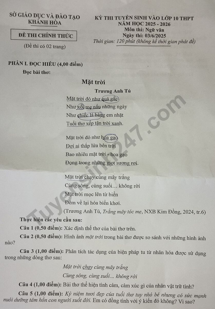 Đề chính thức thi Văn vào lớp 10 Khánh Hòa năm 2025