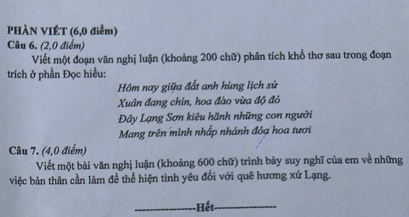 Đề chính thức thi Văn vào lớp 10 Lạng Sơn năm 2025