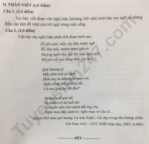 Đề chính thức thi Văn vào lớp 10 Phú Thọ năm 2025