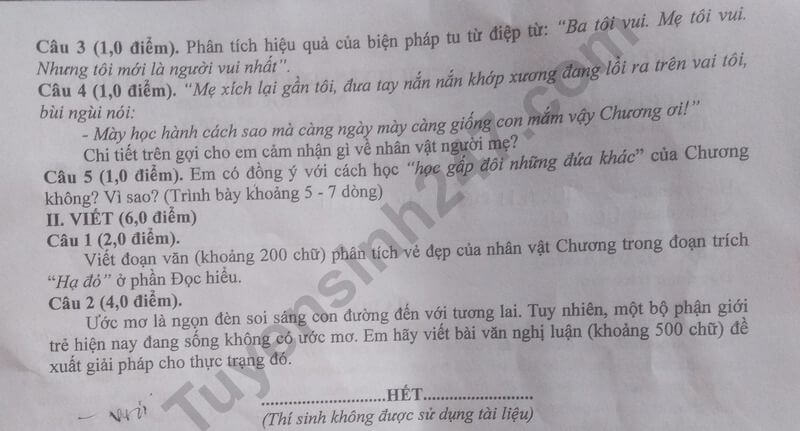 Đề chính thức thi Văn vào lớp 10 Quảng Bình năm 2025
