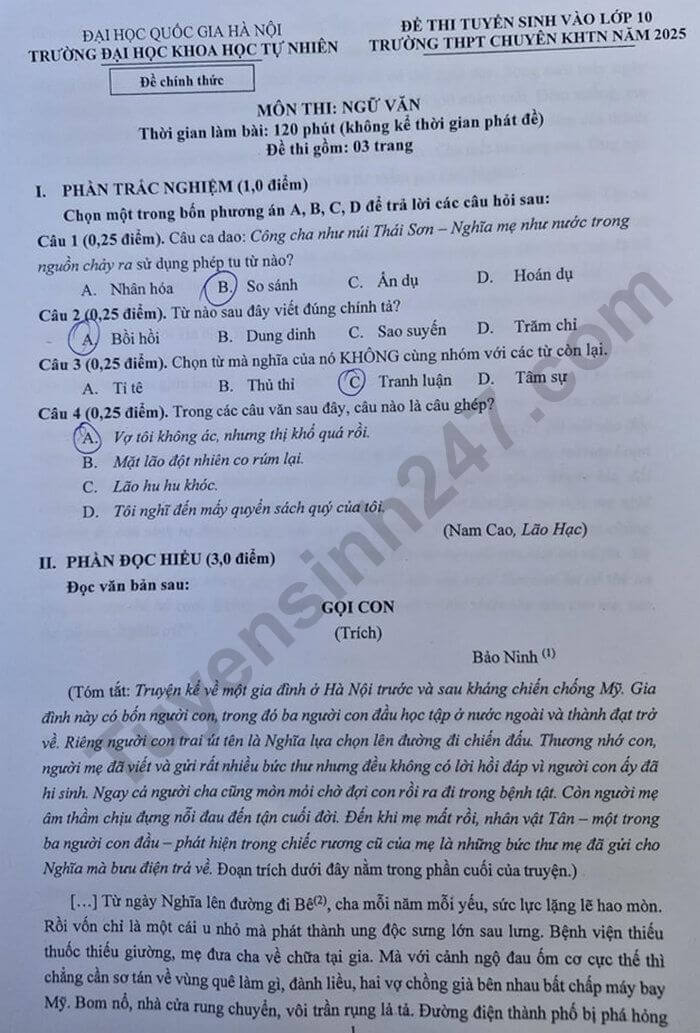 Đề chính thức thi Văn vào lớp 10 trường THPT chuyên KHTN Hà Nội