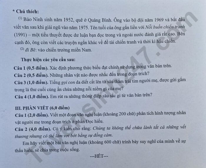Đề chính thức thi Văn vào lớp 10 trường THPT chuyên KHTN Hà Nội