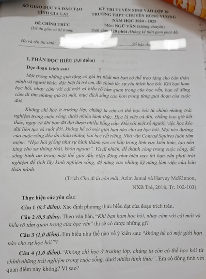 Đề thi Văn chung vào 10 Chuyên Hùng Vương (Gia Lai) năm 2024