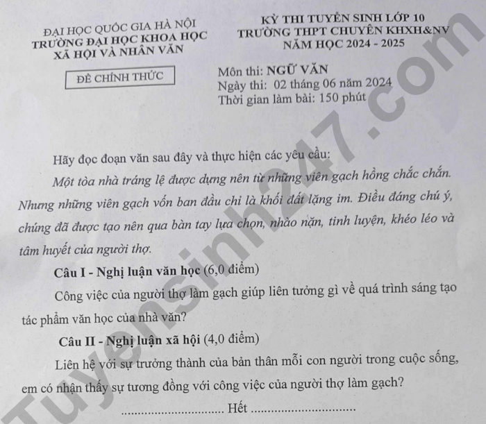 Đề thi vào 10 Văn Chuyên Khoa học xã hội & Nhân văn năm 2024