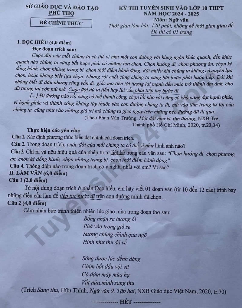 Đề thi vào 10 Văn Phú Thọ năm 2024 (chính thức)