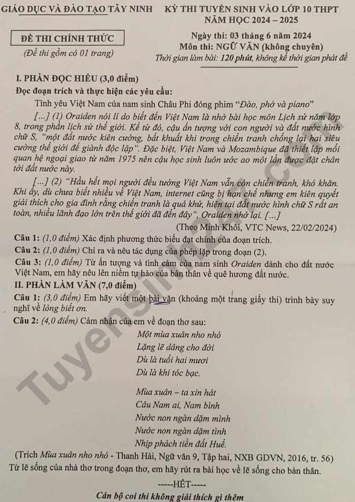 Đề thi vào 10 Văn Tây Ninh năm 2024 (chính thức)