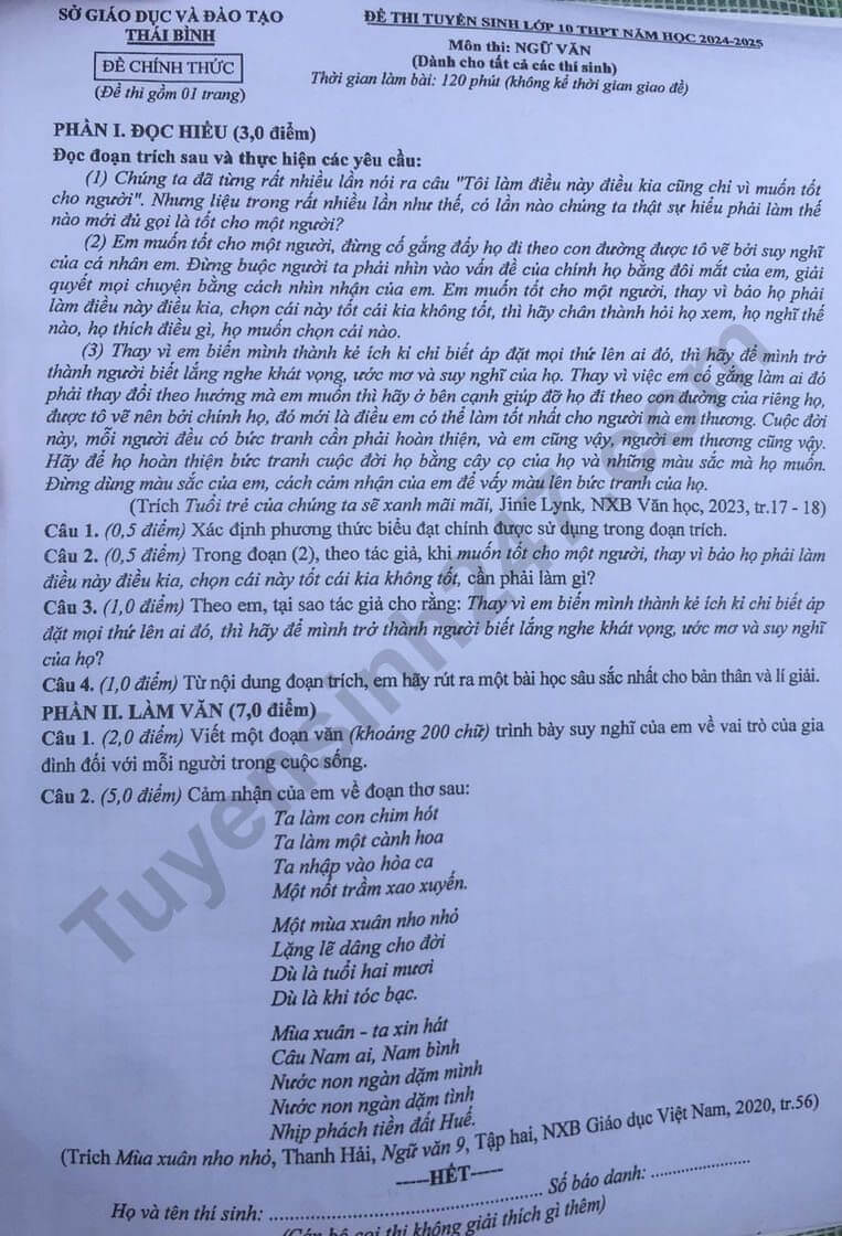 Đề thi vào 10 Văn Thái Bình năm 2024 (chính thức)
