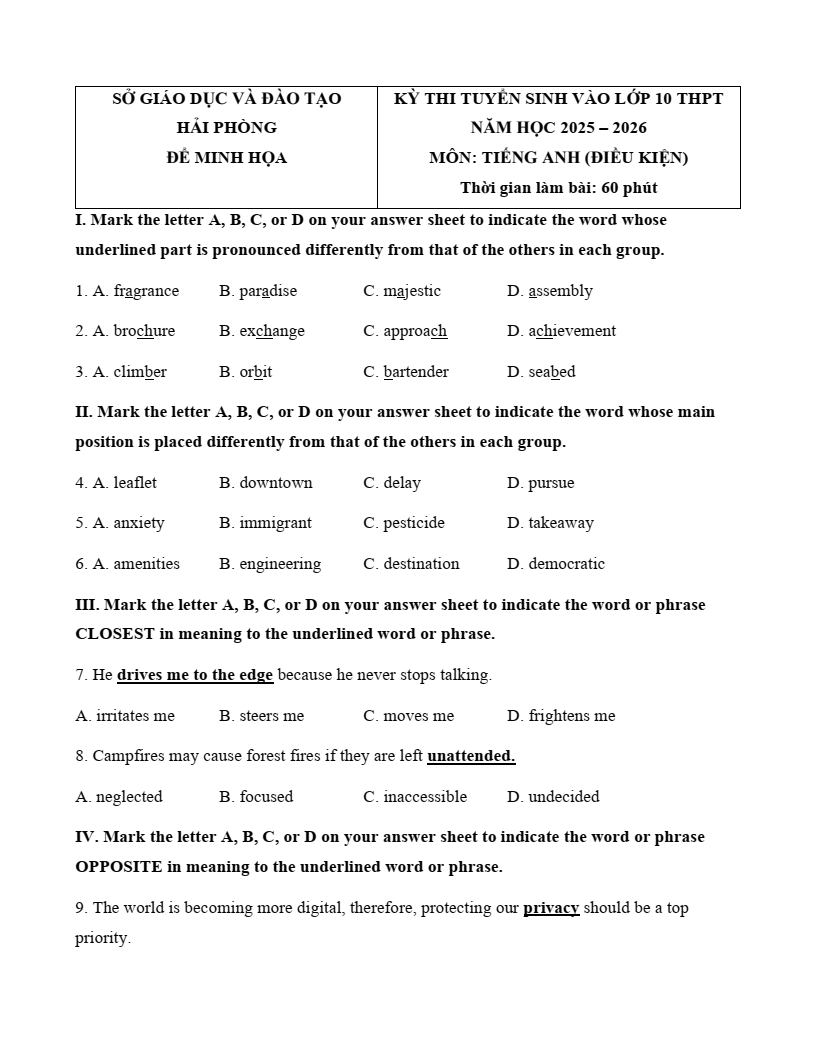 Đề minh họa Tiếng Anh vào lớp 10 Hải Phòng (Chuyên) 2025 (có đáp án)