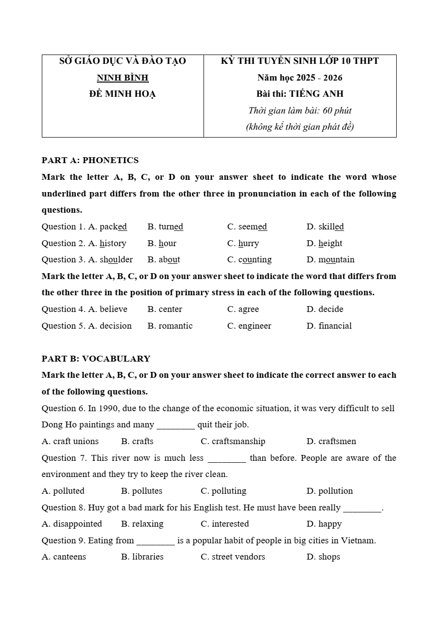 Đề minh họa Tiếng Anh vào lớp 10 Ninh Bình 2025 (có đáp án)