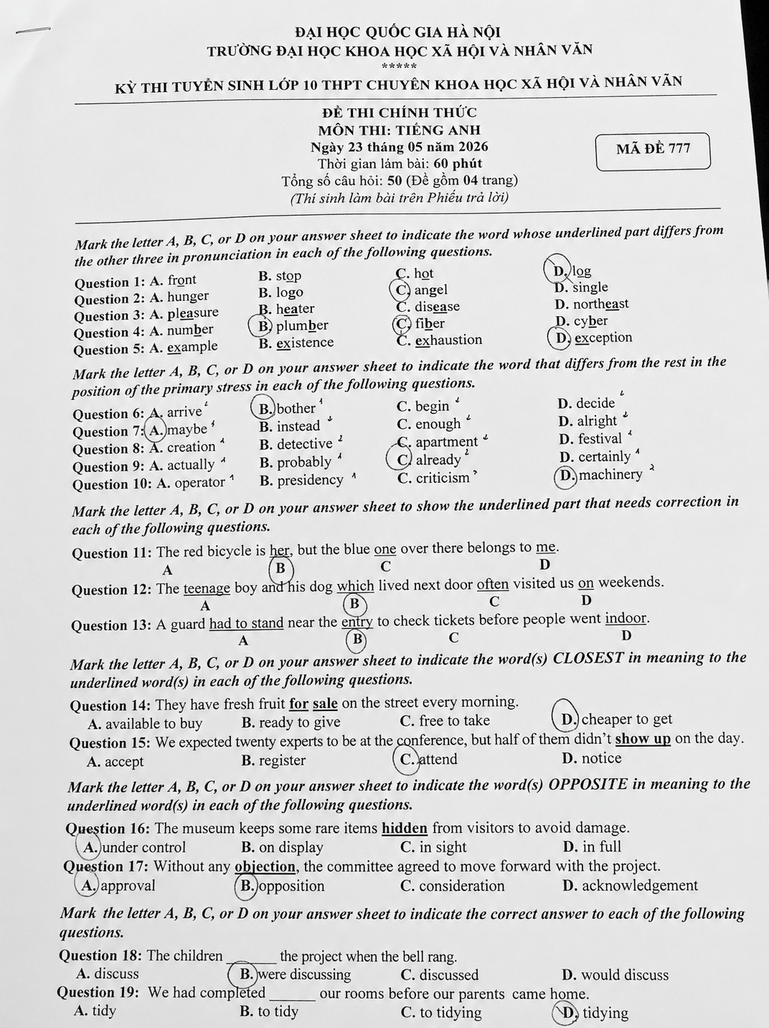 Đề thi tuyển sinh Tiếng Anh (chung) vào lớp 10 trường THPT Chuyên Khoa học xã hội và nhân văn (Hà Nội) năm 2026