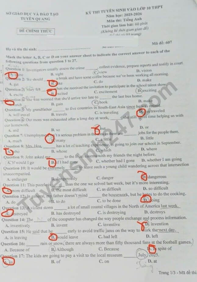 Đề chính thức thi Tiếng Anh vào lớp 10 Tuyên Quang năm 2025