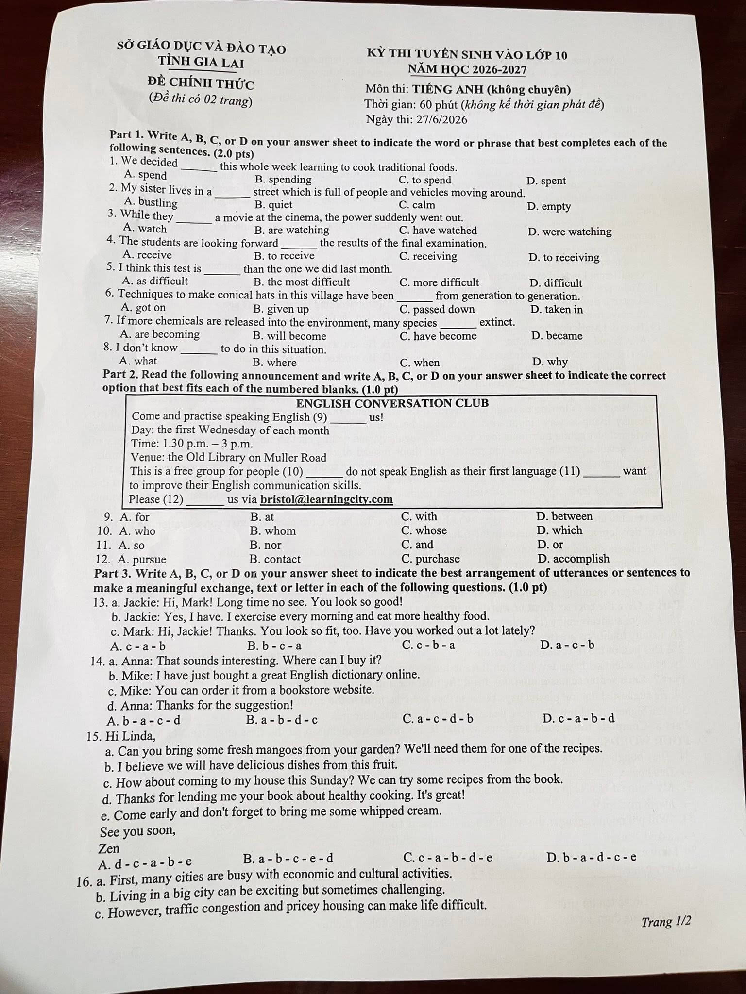 Giải Đề tuyển sinh vào lớp 10 Tiếng Anh Gia Lai năm 2026