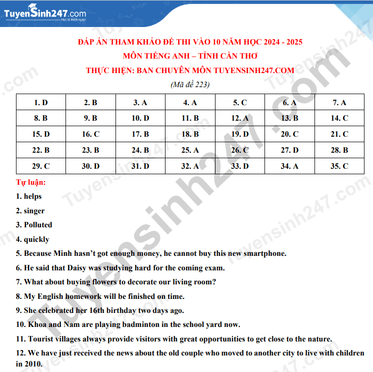 Đề thi vào 10 Tiếng Anh Cần Thơ năm 2024 (chính thức)