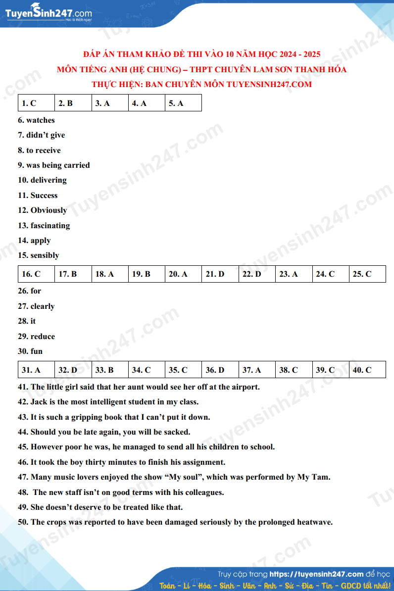 Đề thi Tiếng Anh chung vào 10 Chuyên Lam Sơn (Thanh Hóa) năm 2024 (chính thức)