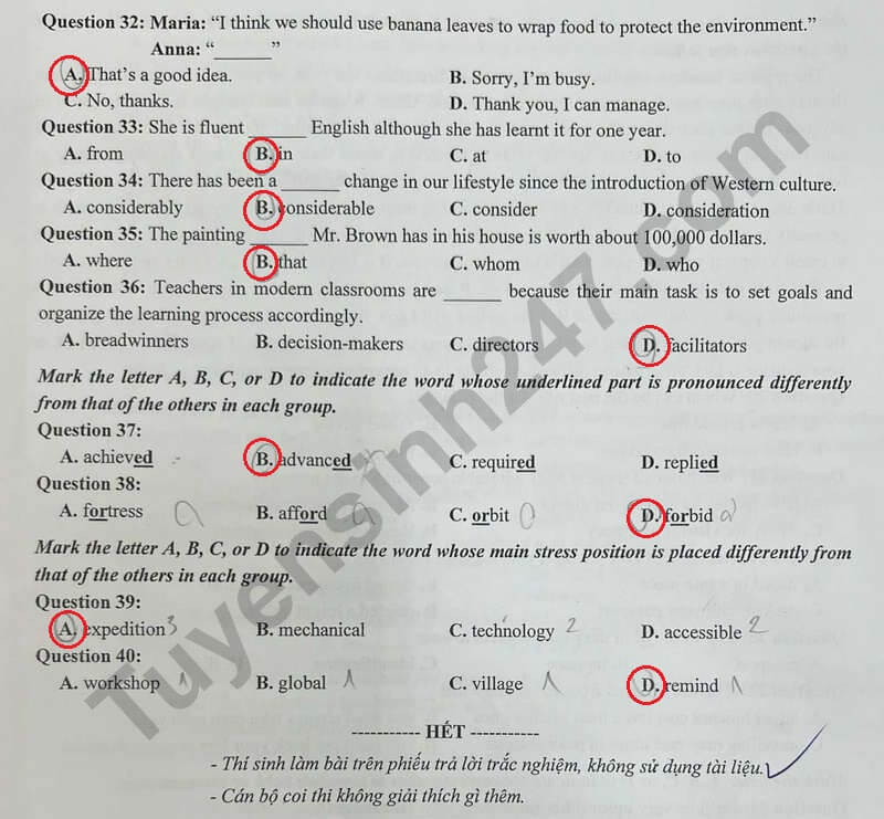 Đề thi vào 10 Tiếng Anh Hải Phòng năm 2024 (chính thức)