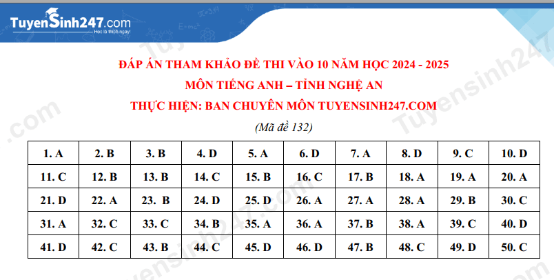 Đề thi vào 10 Tiếng Anh Nghệ An năm 2024 (chính thức)