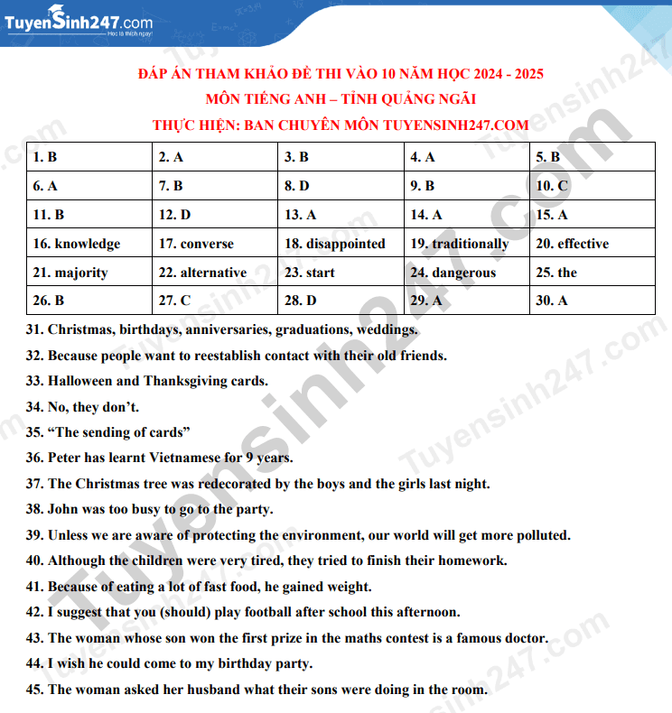 Đề thi vào 10 Tiếng Anh Quảng Ngãi năm 2024 (chính thức)