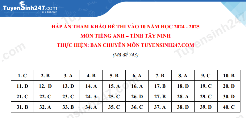 Đề thi vào 10 Tiếng Anh Tây Ninh năm 2024 (chính thức)