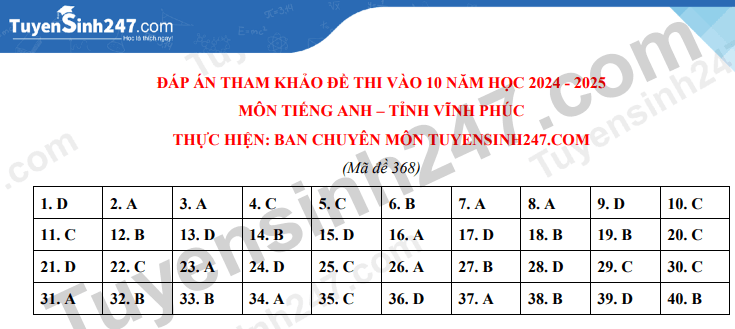 Đề thi vào 10 Tiếng Anh Vĩnh Phúc năm 2024 (chính thức)