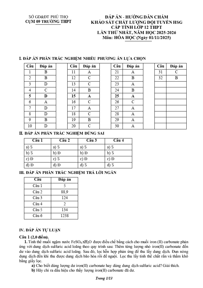 Đề thi học sinh giỏi Hóa học 12 Cụm 09 trường THPT (Phú Thọ) năm 2025-2026