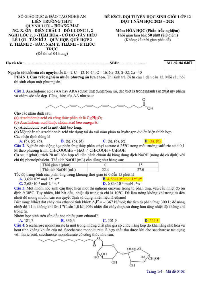 Đề thi học sinh giỏi Hóa học 12 Liên trường THPT (Nghệ An) năm 2025-2026