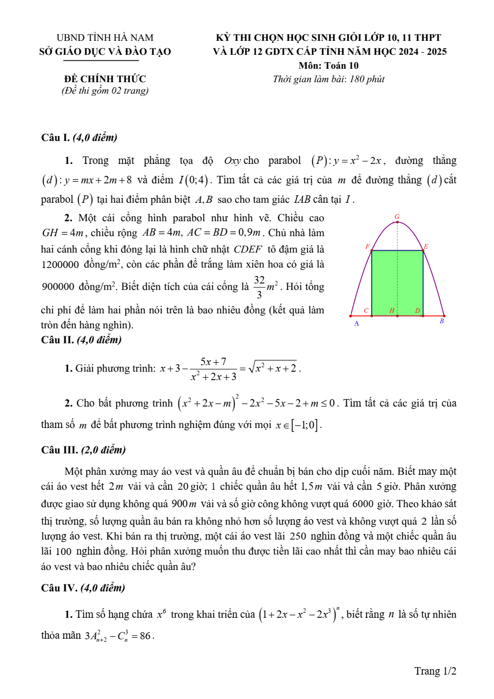 Đề thi học sinh giỏi Toán 10 sở GD&ĐT Hà Nam năm 2024-2025
