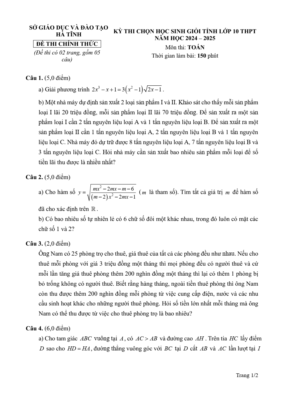 Đề thi học sinh giỏi Toán 10 sở GD&ĐT Hà Tĩnh năm 2024-2025