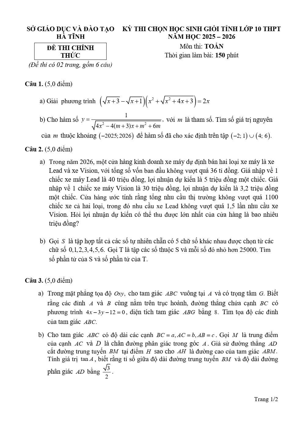 Đề thi học sinh giỏi Toán 10 sở GD&ĐT Hà Tĩnh năm 2025-2026
