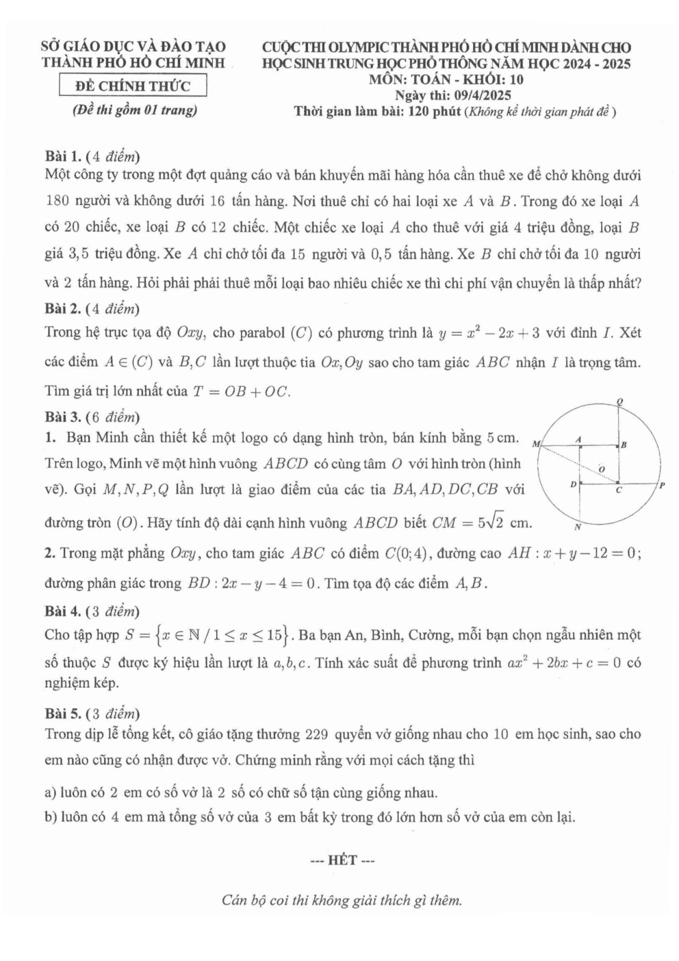 Đề thi học sinh giỏi Toán 10 sở GD&ĐT TP Hồ Chí Minh năm 2024-2025