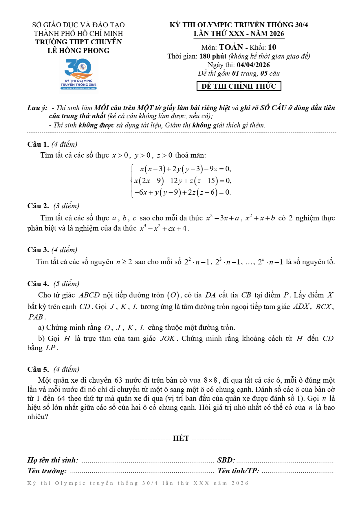 Đề thi học sinh giỏi Toán 10 trường chuyên Lê Hồng Phong (TP Hồ Chí Minh) năm 2025-2026