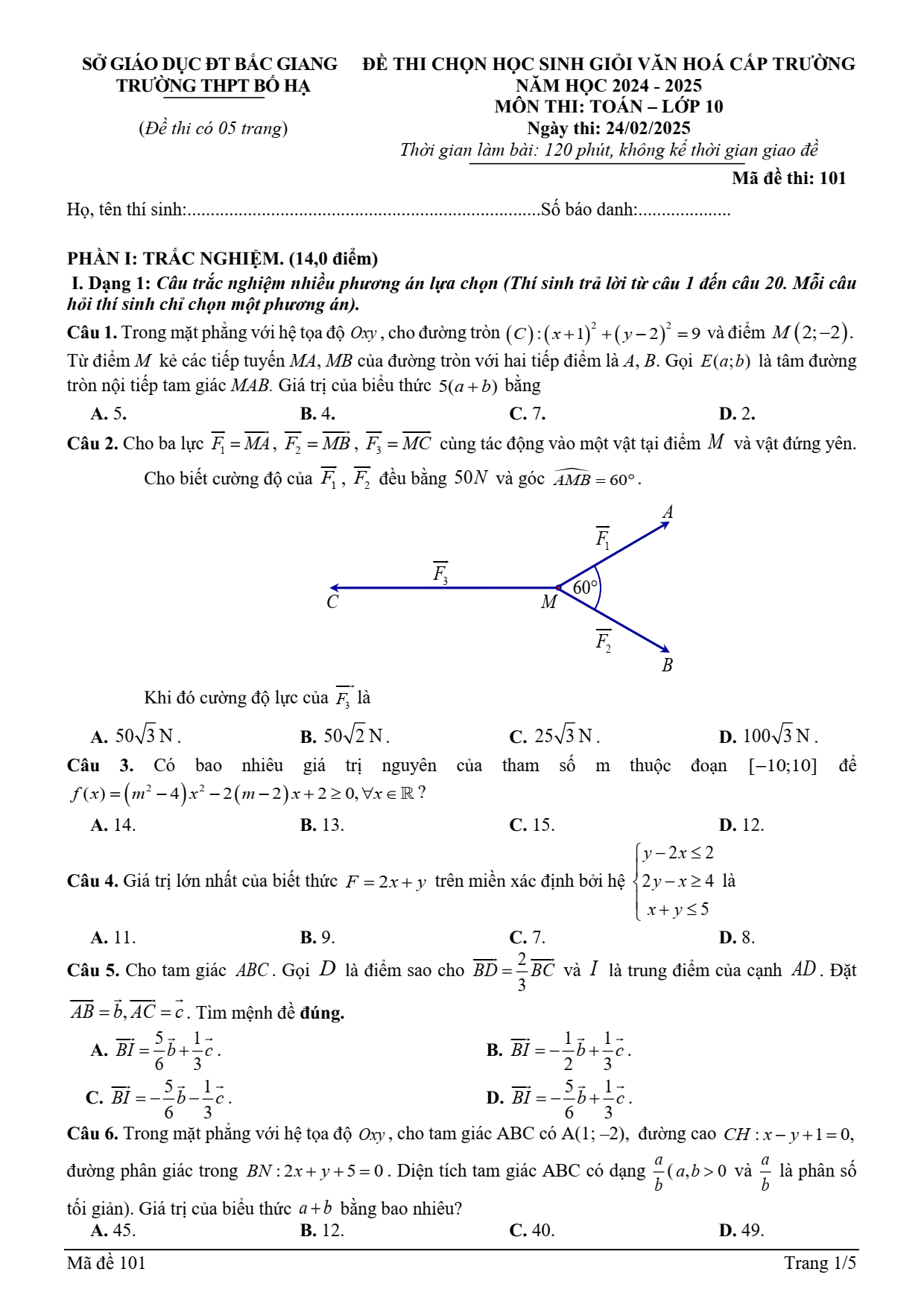 Đề thi học sinh giỏi Toán 10 trường THPT Bố Hạ (Bắc Giang) năm 2024-2025