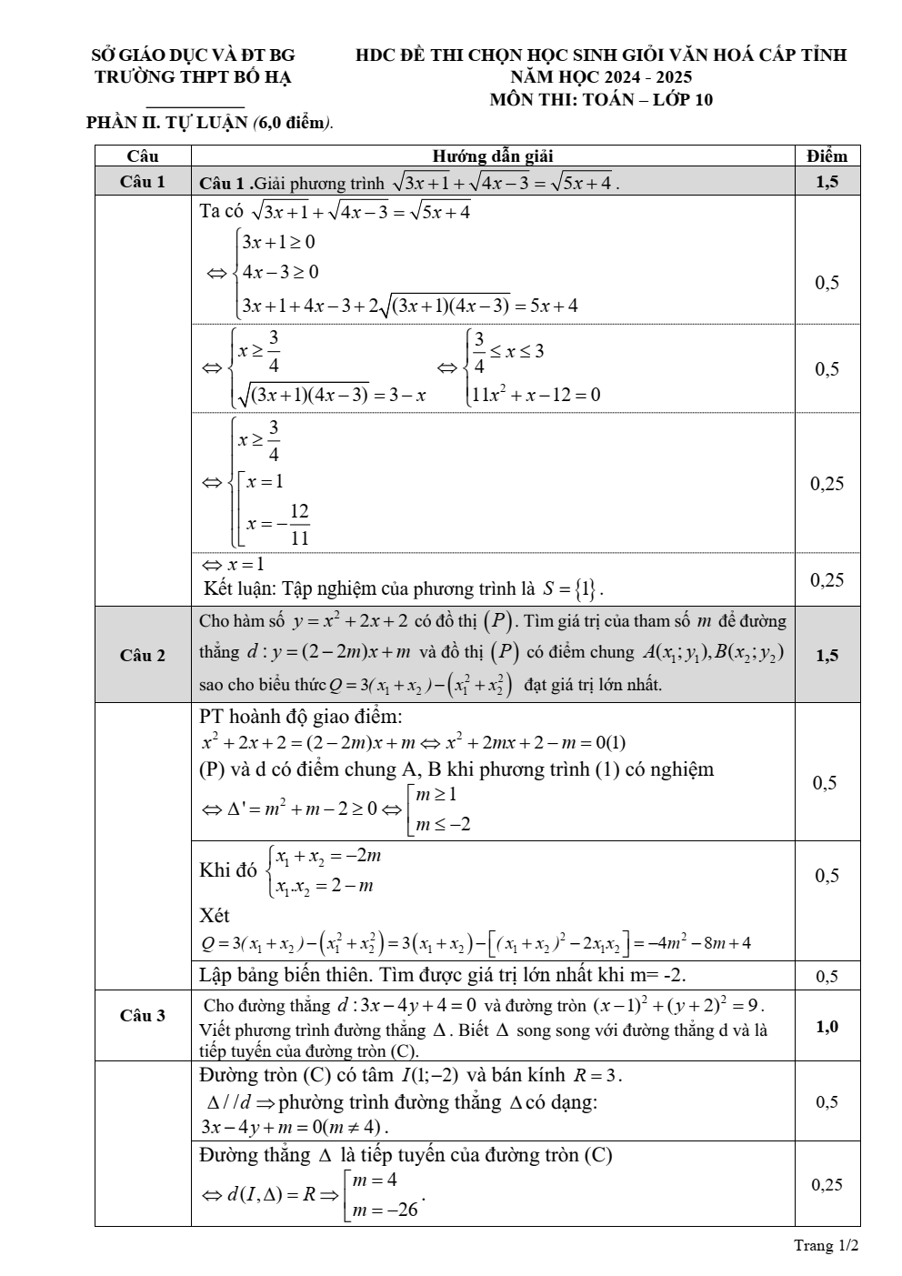 Đề thi học sinh giỏi Toán 10 trường THPT Bố Hạ (Bắc Giang) năm 2024-2025
