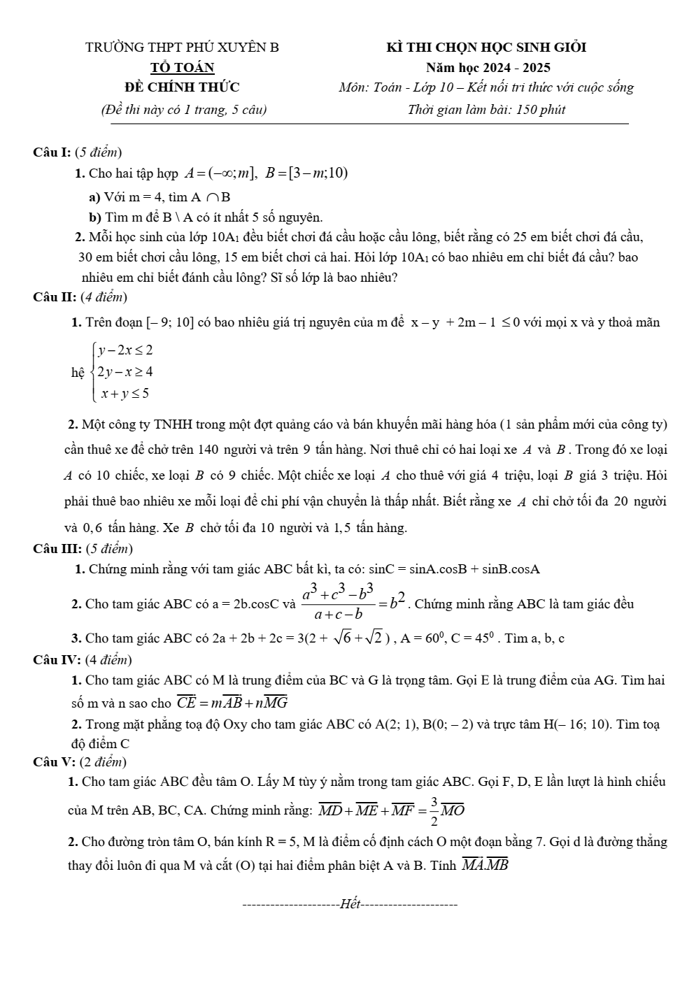 Đề thi học sinh giỏi Toán 10 trường THPT Phú Xuyên B (Hà Nội) năm 2024-2025