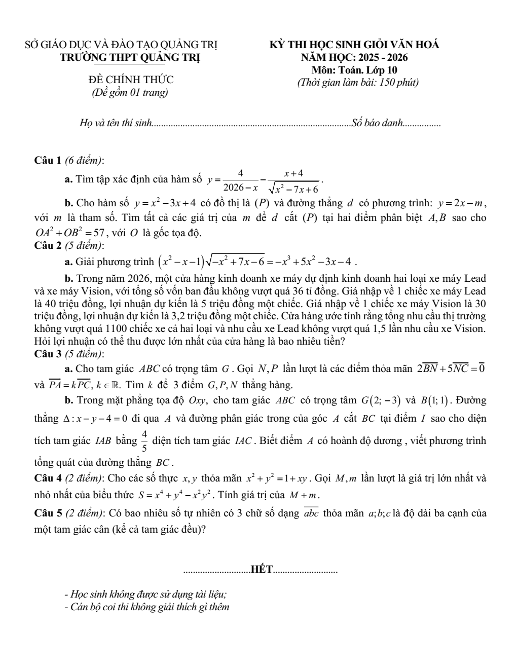 Đề thi học sinh giỏi Toán 10 trường THPT Quảng Trị (Quảng Trị) năm 2025-2026
