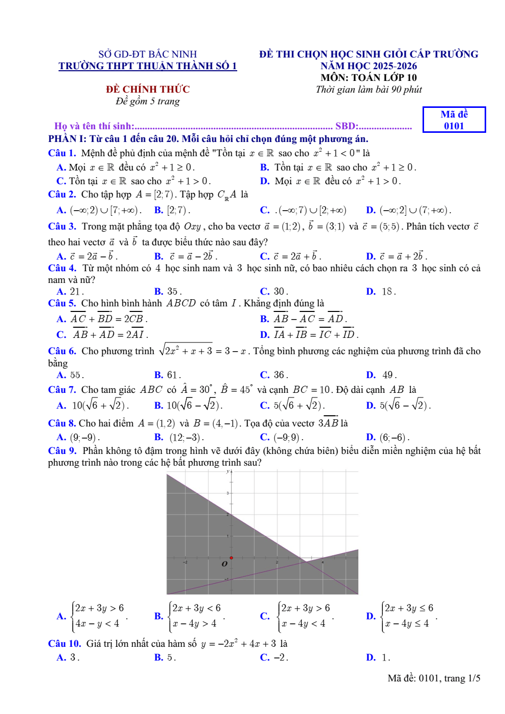 Đề thi học sinh giỏi Toán 10 trường THPT Thuận Thành 1 (Bắc Ninh) năm 2025-2026