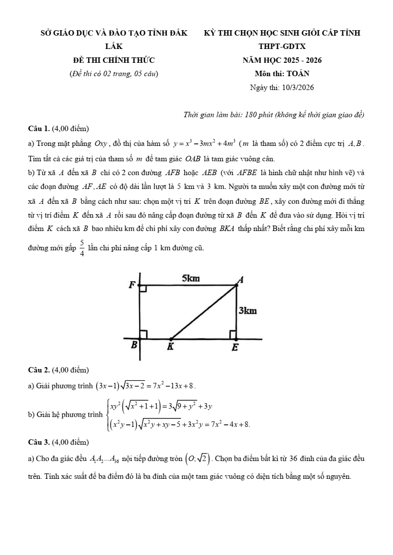 Đề thi học sinh giỏi Toán 12 Sở GD&ĐT Đăk Lăk năm 2025-2026