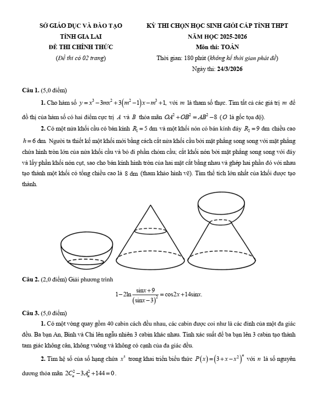 Đề thi học sinh giỏi Toán 12 Sở GD&ĐT Gia Lai năm 2025-2026