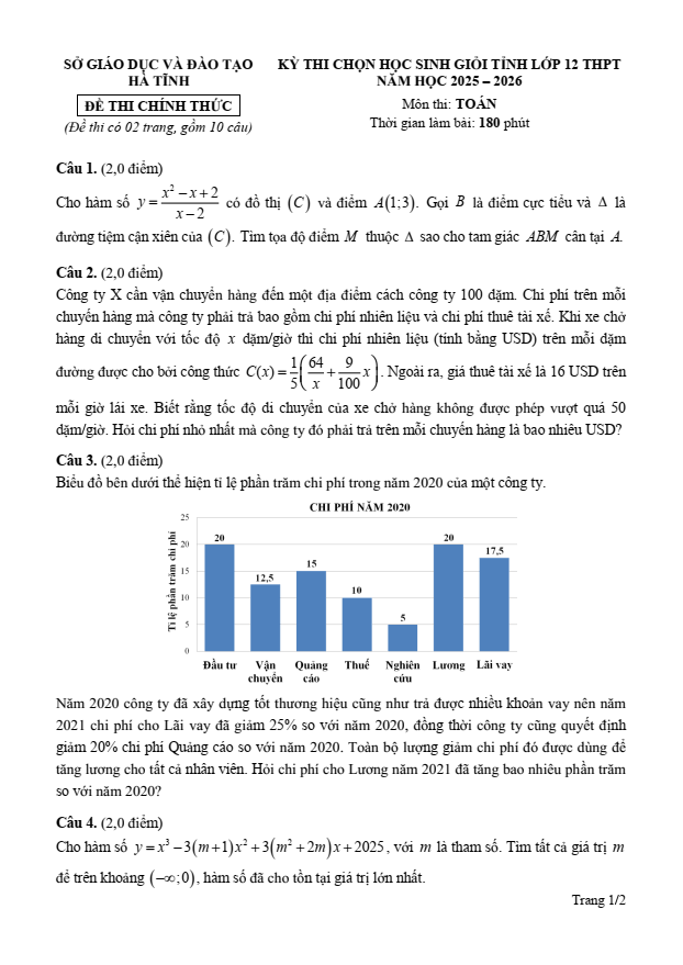 Đề thi học sinh giỏi Toán 12 Sở GD&ĐT Hà Tĩnh năm 2025-2026