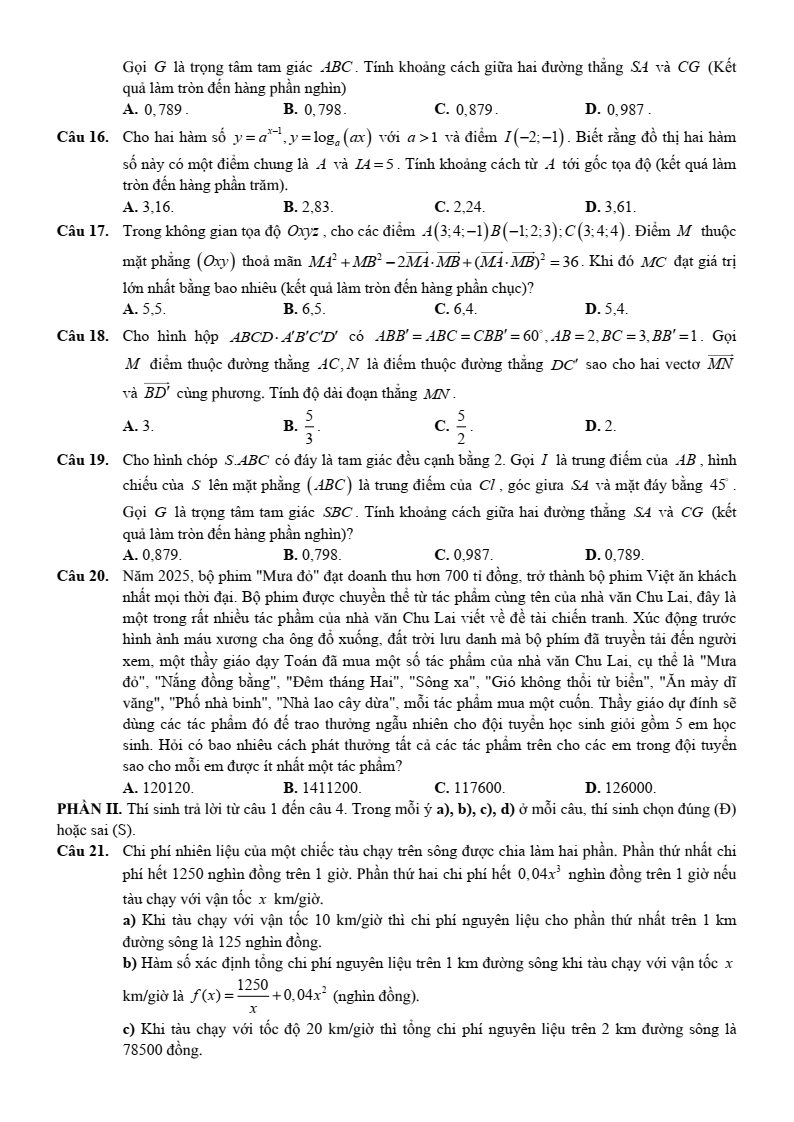 Đề thi học sinh giỏi Toán 12 Sở GD&ĐT Thanh Hóa năm 2025-2026