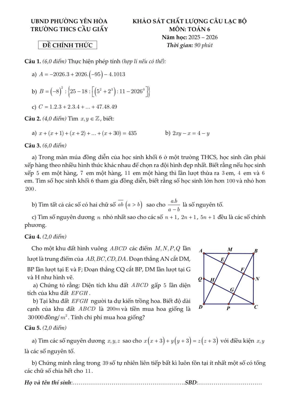 Đề thi học sinh giỏi Toán 6 trường THCS Cầu Giấy (Hà Nội) năm 2025-2026