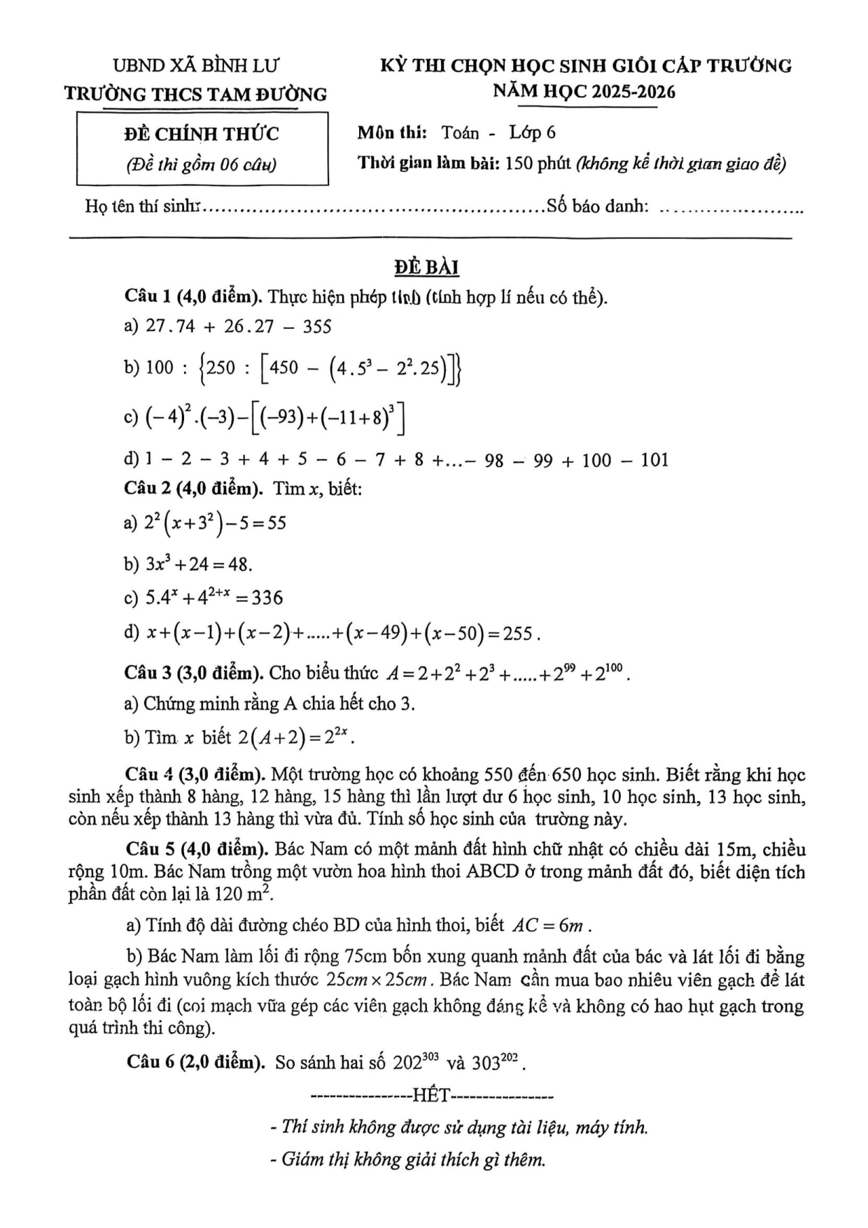 Đề thi học sinh giỏi Toán 6 trường THCS Tam Đường (Lai Châu) năm 2025-2026